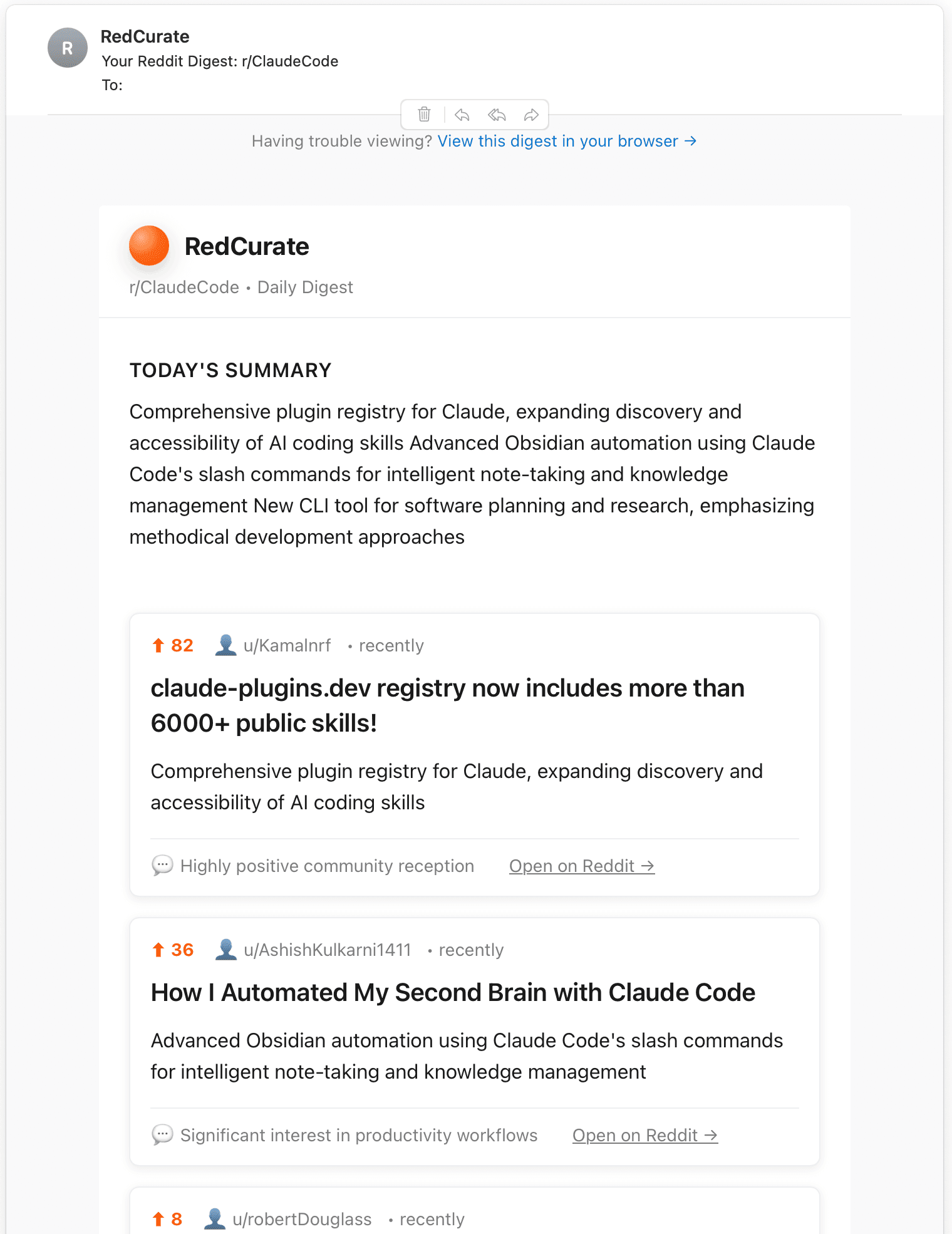 RedCurate digest email preview showing curated posts from r/ClaudeCode with AI-generated summaries