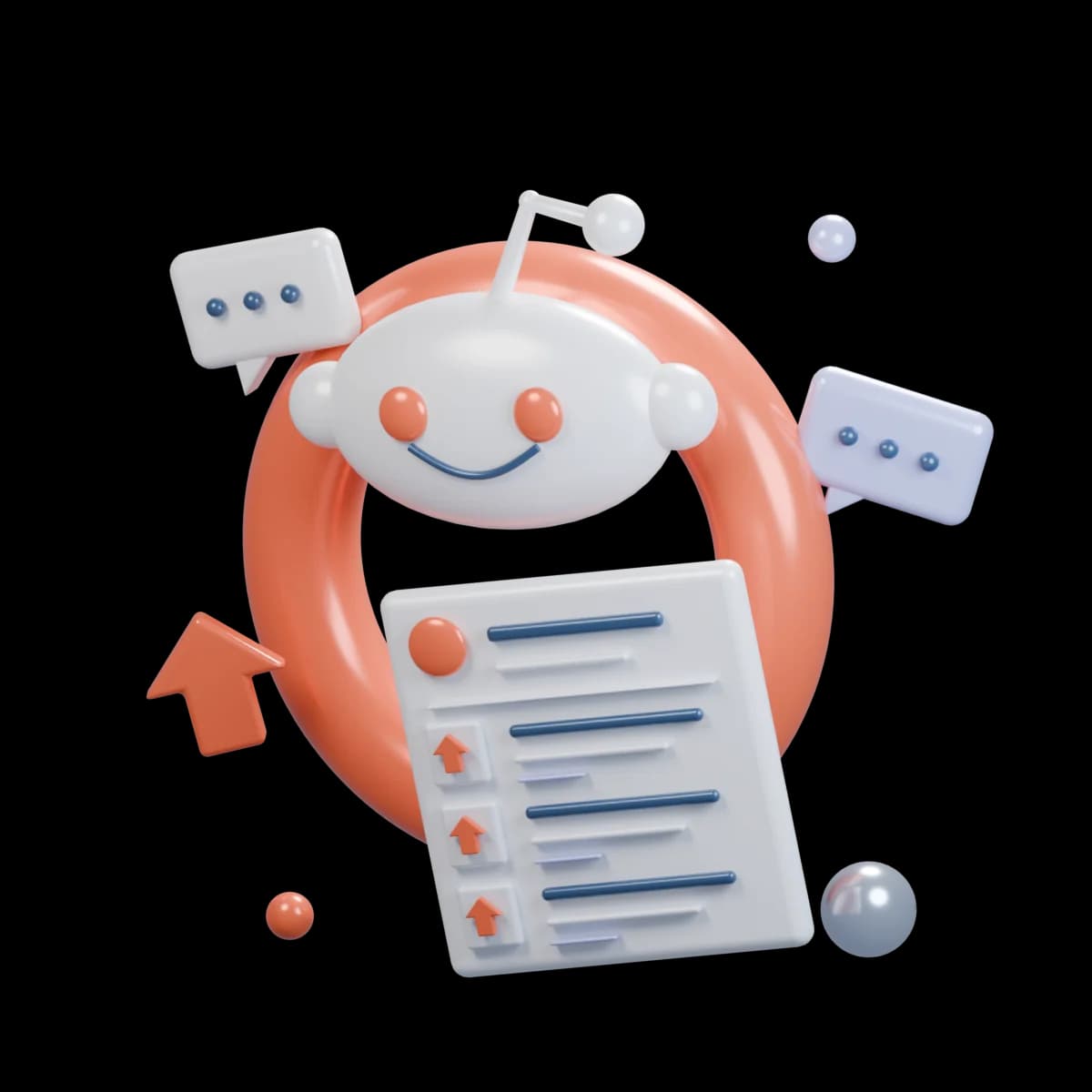 A smiling Reddit-style antenna mascot, orange upvotes, and comment bubbles surrounding a curated Reddit digest